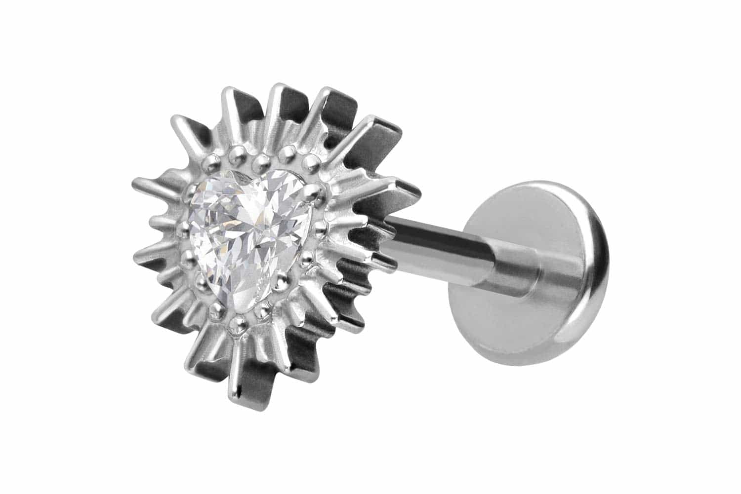 Titan Labret Piercing mit Push Fit KRISTALLHERZ + SONNENSTRAHLEN